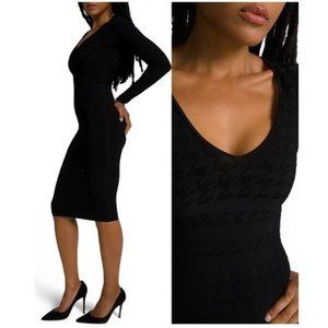GOOD AMERICAN Low Down Houndstooth Body-Con Midi Dress 0 X-Small Black NEW